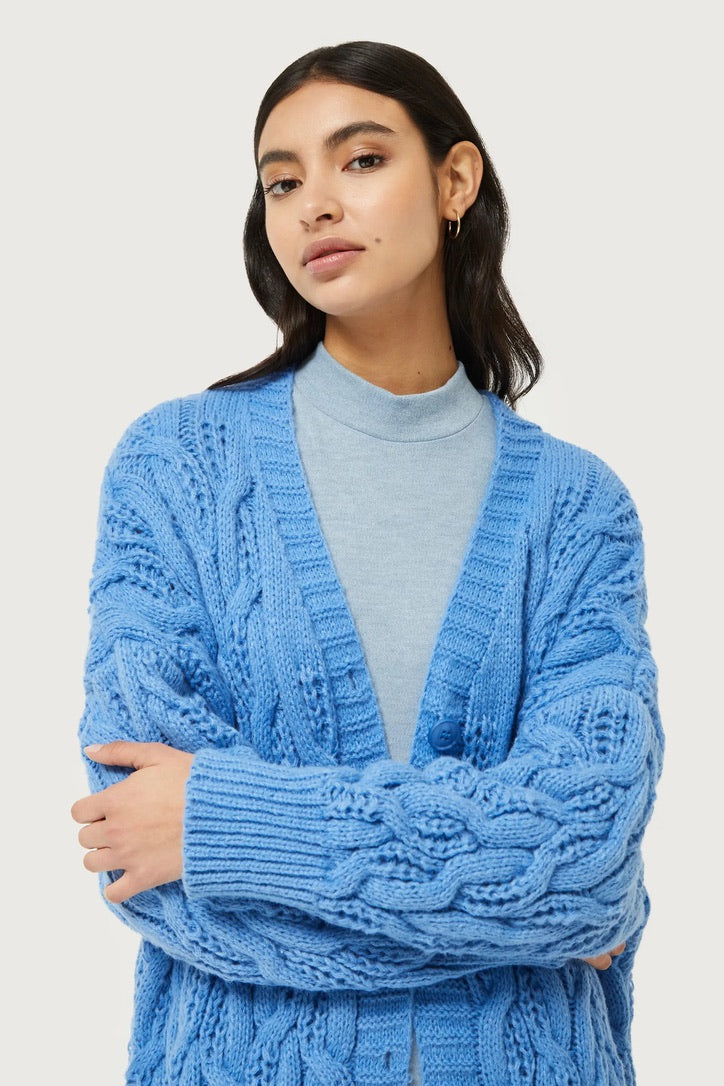 Long blue cable knit cardigan